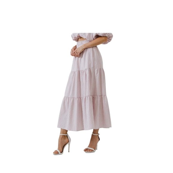 English Factory Check Print Tiered Maxi Skirt Gingham High-Waisted  Size M NWT - Picture 1 of 10